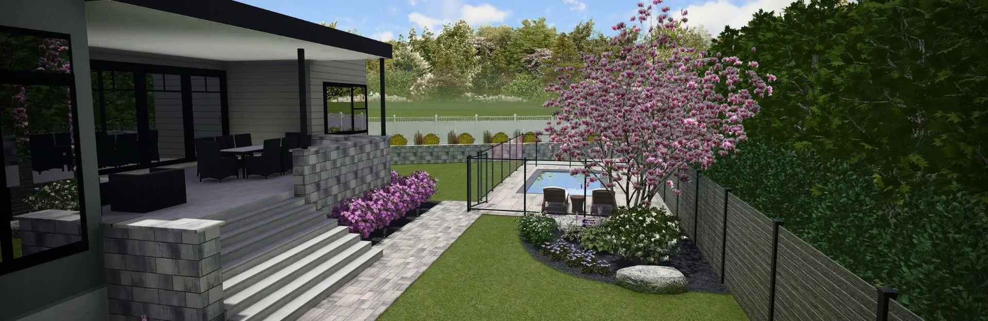 Plan d'aménagement 3D d'une court arrière d'une maison. Plan d'aménagement 3D d'une court arrière d'une maison.